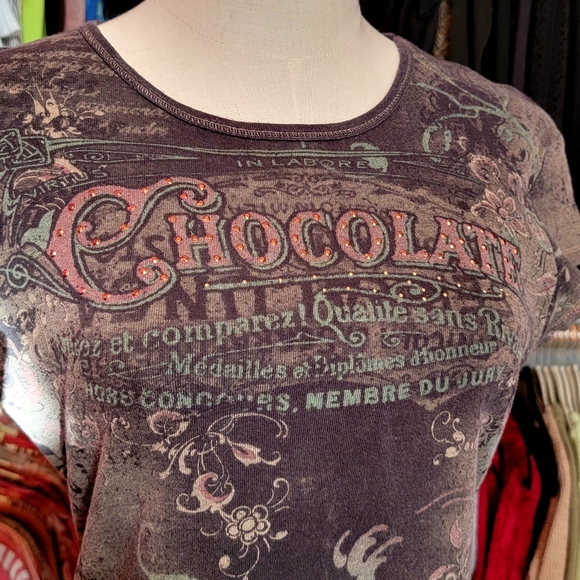 APT 9 ♡ Super-Sweet Brown 'n Tan Cotton Embellished Bling CHOCOLATE Shirt S - Picture 13 of 16